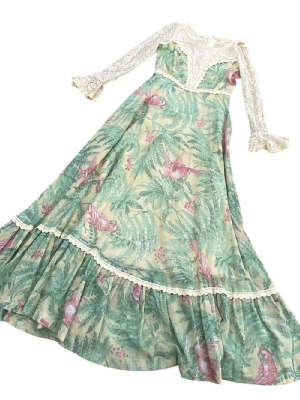 Vtg. Gunne Sax By Jessica Black Label Sage Tropical Bird Lace Bell Sleeves Maxi - Picture 2 of 9
